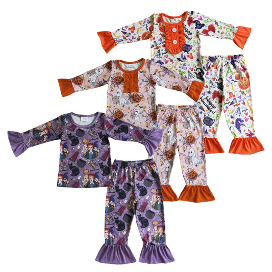 Halloween Kids Girls Long Sleeve Pajama Set With Ruffle