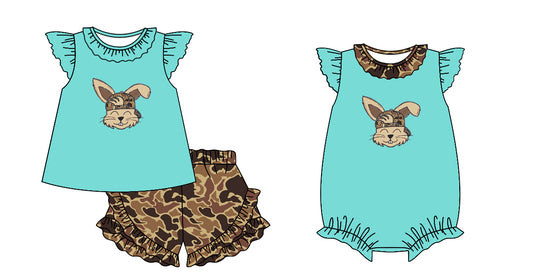 Sibling Baby Sister Easter Camo Rabbit Shorts Set and Romper Preorder