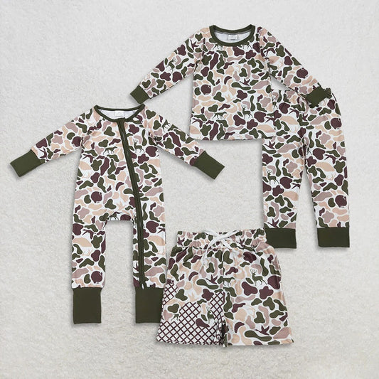 SIbling Boys Hunting Green Camo Pajamas and Shorts