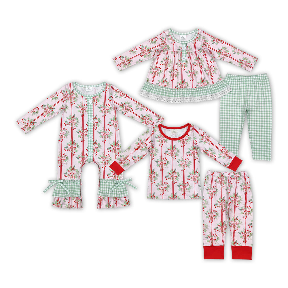 Baby Girls Boys  Sibling Christmas Holly Bow Print Matching Outfit and Romper