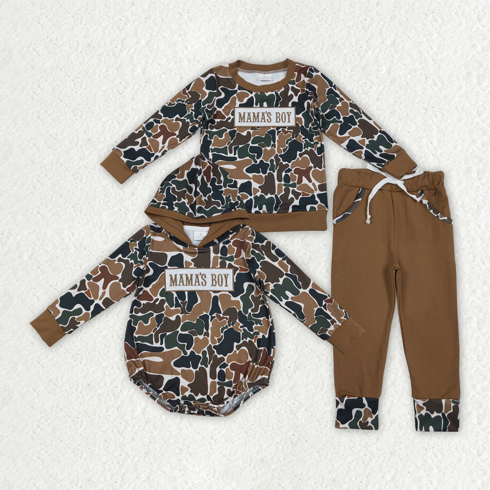 Mama's Boy Embroidery Brown Camo Jogger Set and Romper For Sibling Boys