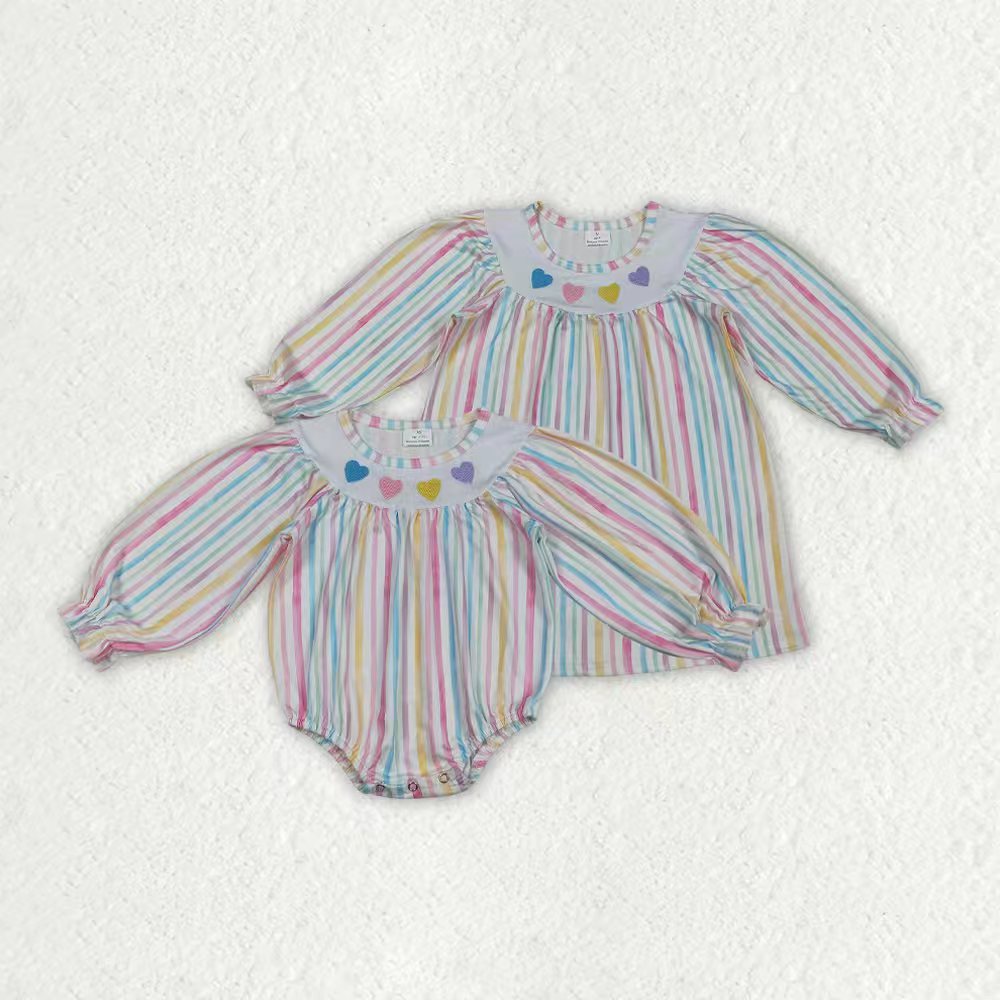 Valentine's Day Sibling Baby Girls Embroidery Heart Striped Dress /Romper Long Sleeve