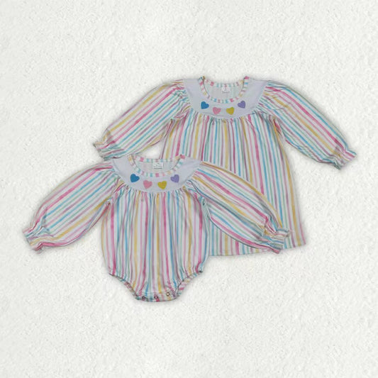 Valentine's Day Sibling Baby Girls Embroidery Heart Striped Dress /Romper Long Sleeve