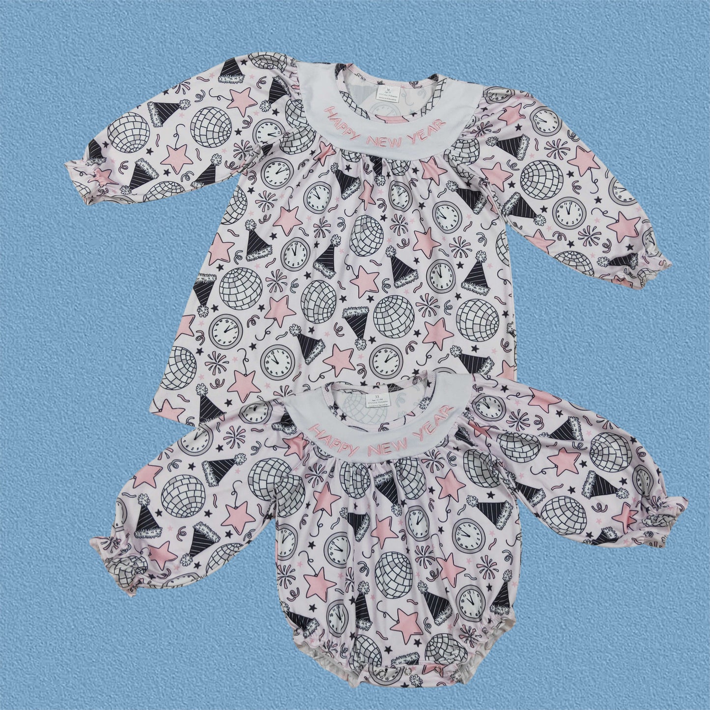 Sibling Baby Girls Happy New Year Party Dress /Bubble Romper