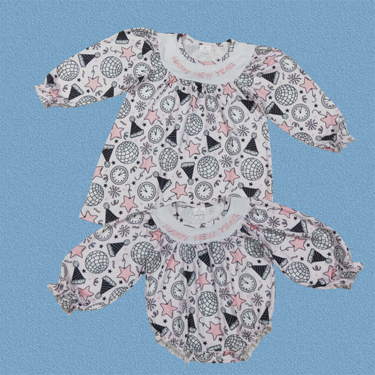 Sibling Baby Girls Happy New Year Party Dress /Bubble Romper