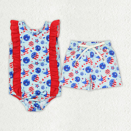 Summer Sibling July 4th Happy Face Patriotic Swimwear