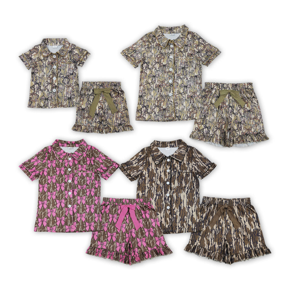Mommy and Me Camo Bow Button Down Top With Shorts Pajama Set