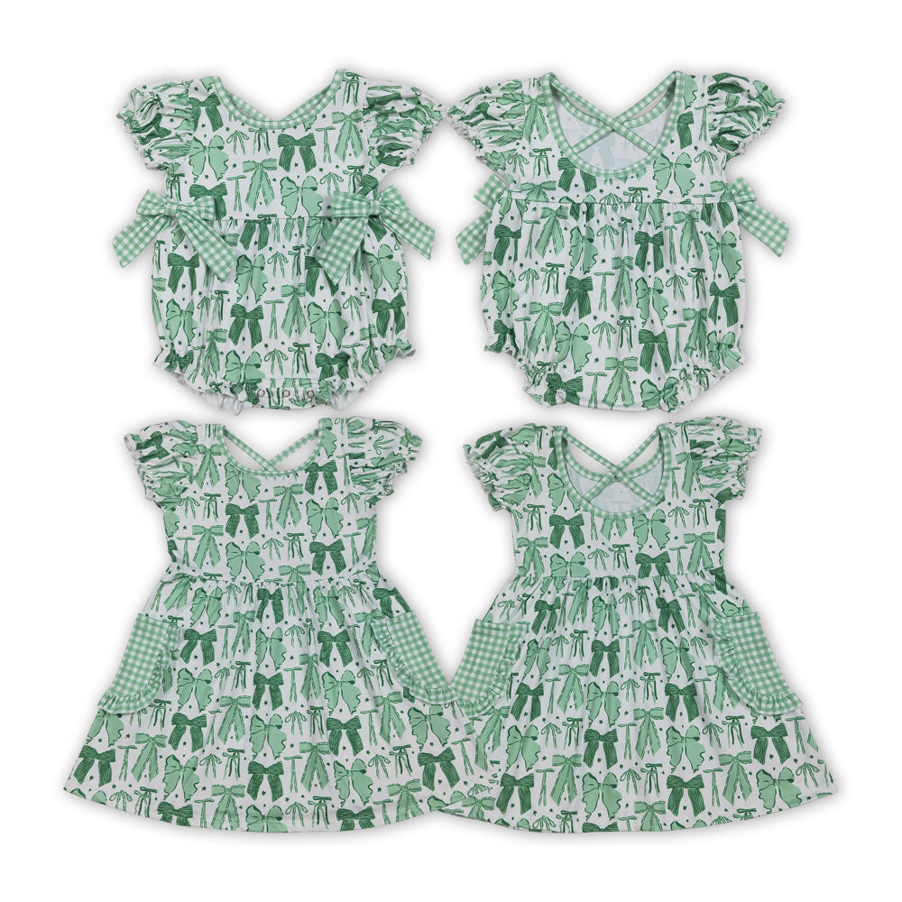 Saint Patrick Day Sibling Baby Girls  Green Bow dress and romper