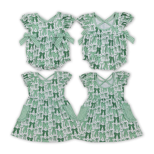 Saint Patrick Day Sibling Baby Girls  Green Bow dress and romper