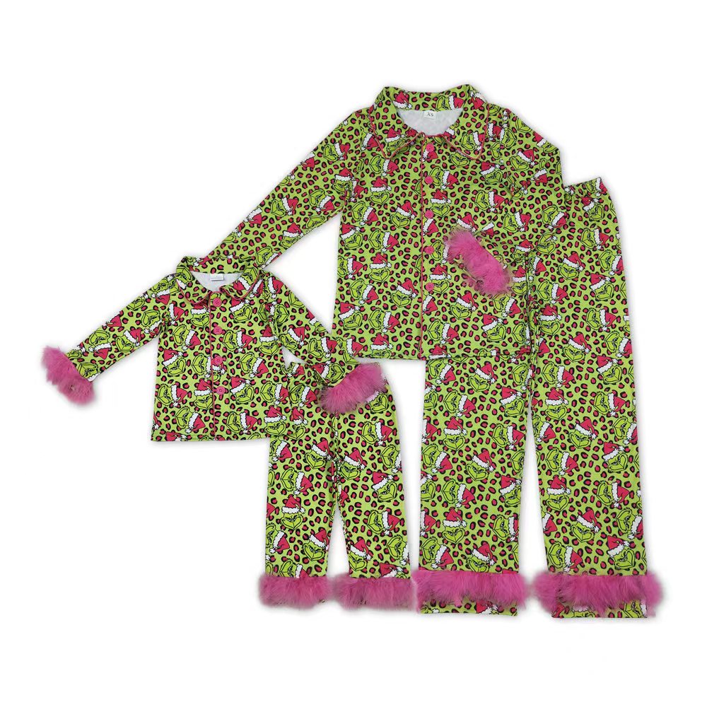 Mommy ane Me  Christmas Grinc Green Leoaprd Long Sleeve Buttons Down Pajama Set With Fur