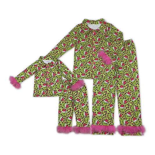 Mommy ane Me  Christmas Grinc Green Leoaprd Long Sleeve Buttons Down Pajama Set With Fur