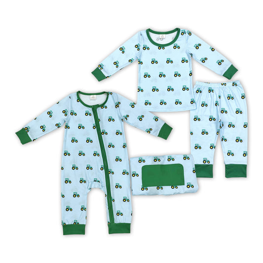 Baby Boys Sibling Brother Farm Tractors Bamboo Pajama Set and Romper