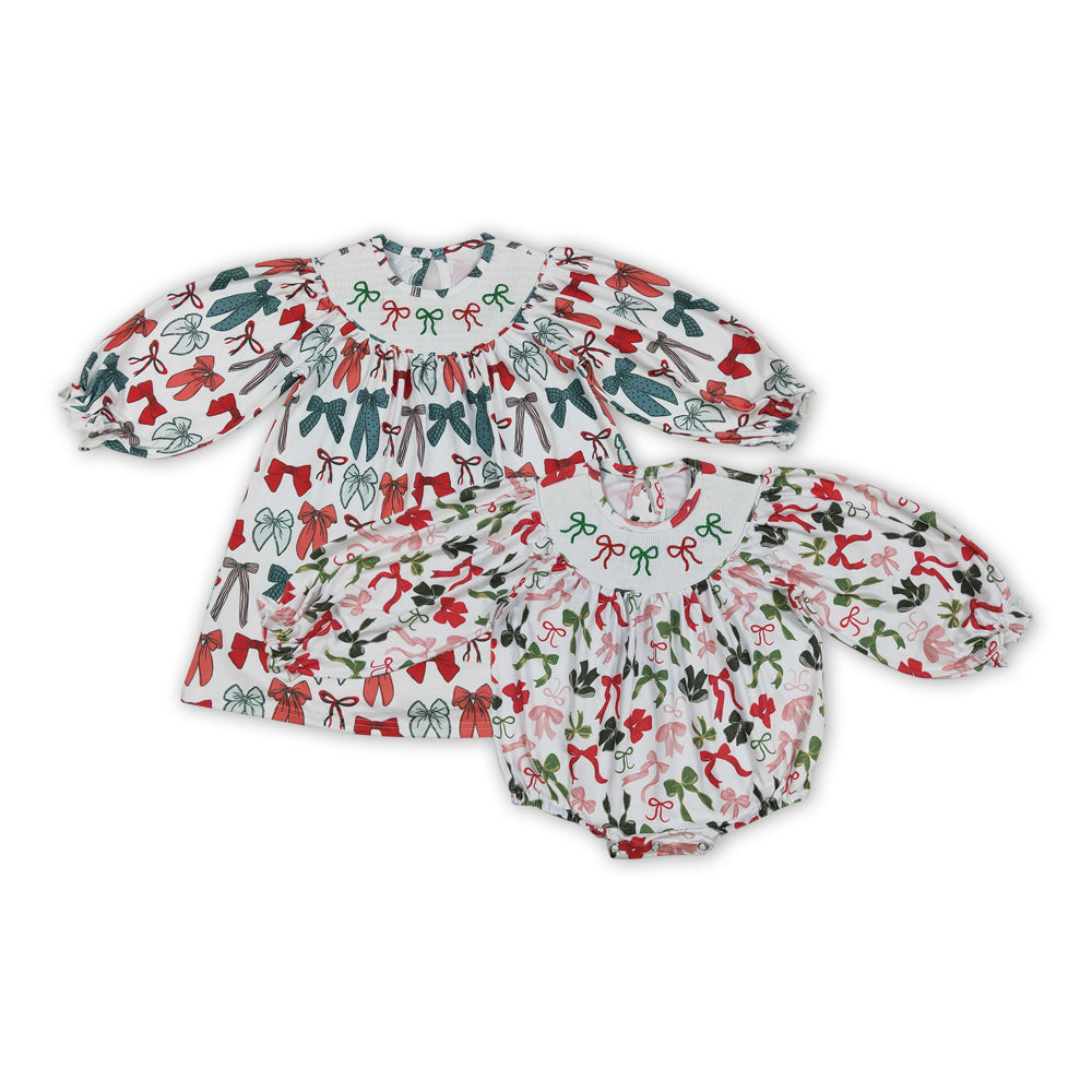Sibling Kids Girls Christmas Embroidery Bow Smocked Dressd and Romper