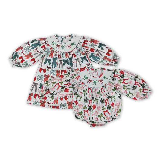 Sibling Kids Girls Christmas Embroidery Bow Smocked Dressd and Romper