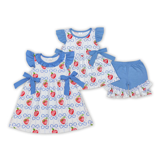 Sibling Baby Girls Apple Bows Dresses Outfits Sets