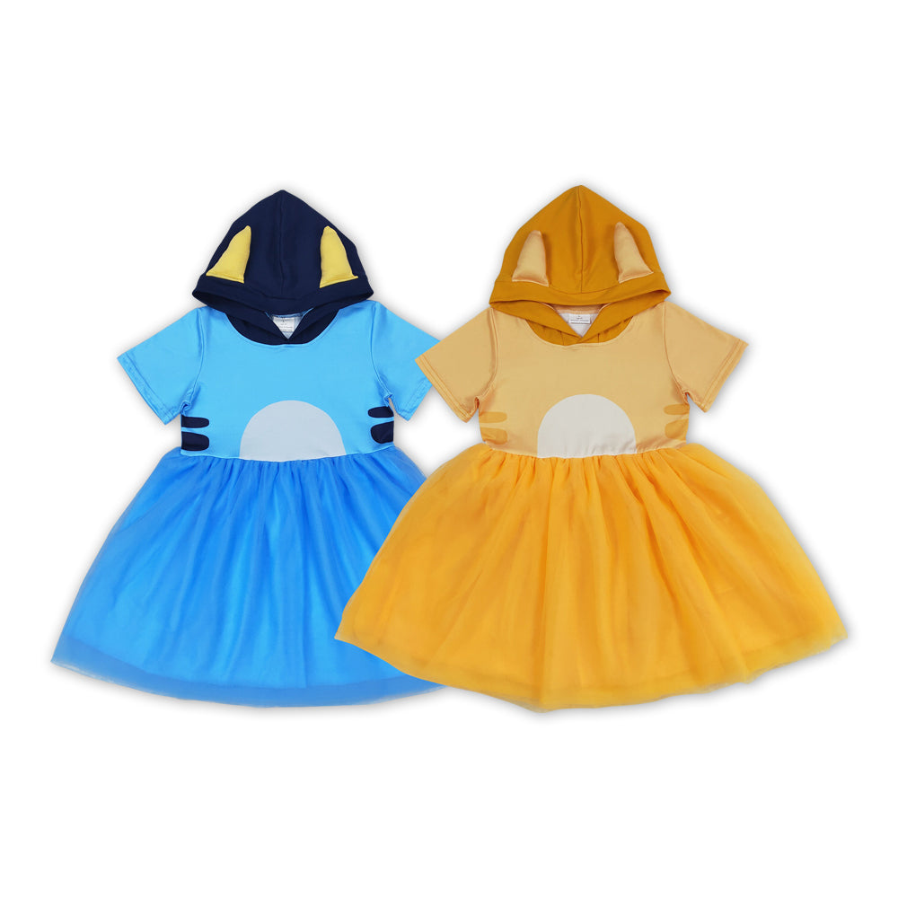 Cartoon Dog Sister Blue Orange Tulle Hoodie Dress