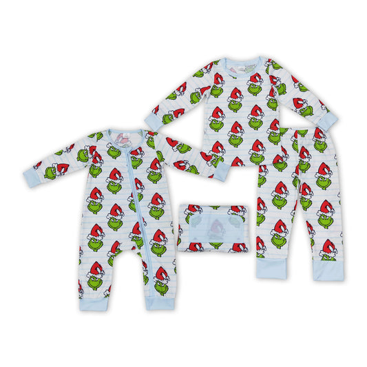 Chrismtas Sibling Boys Bamboo Pajama Set and Romper Green Face