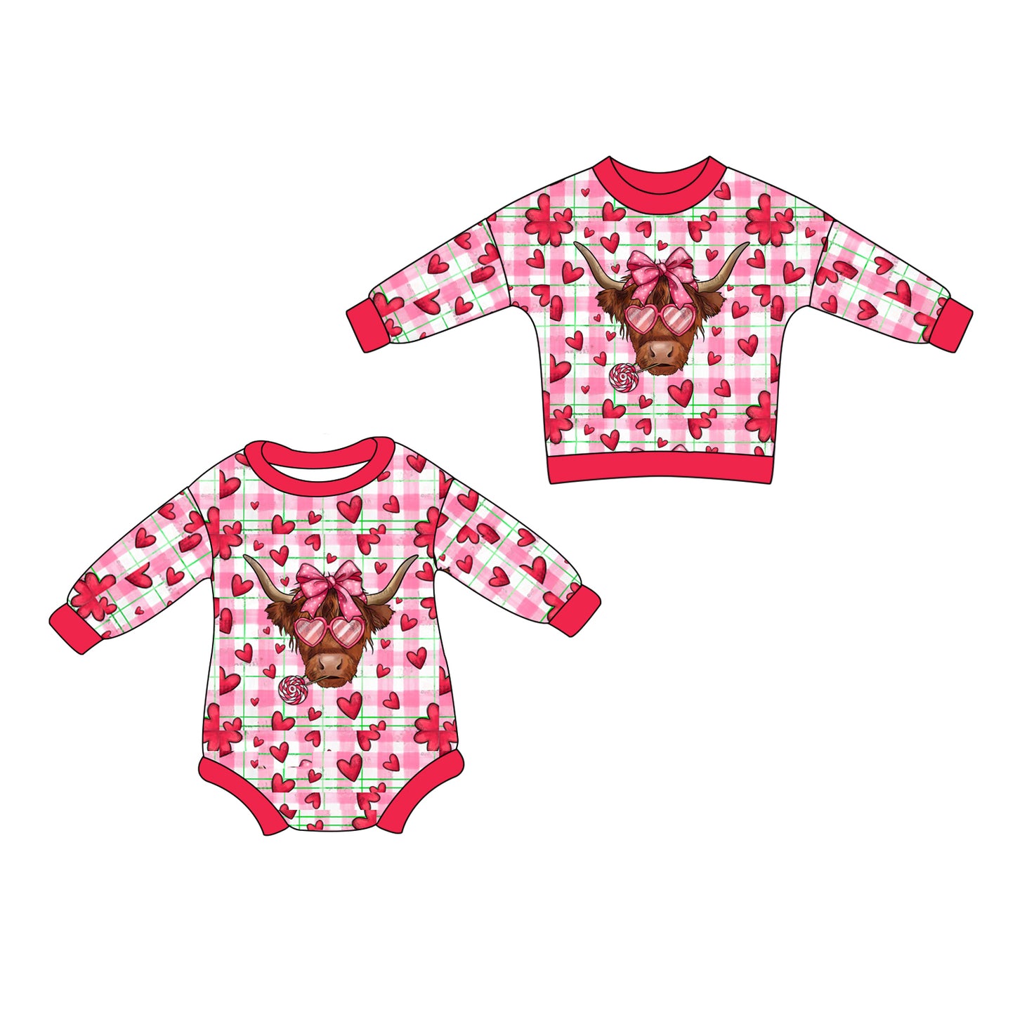 Sibling Baby Girls Heart Highland Cow Top and Rompe Preorder