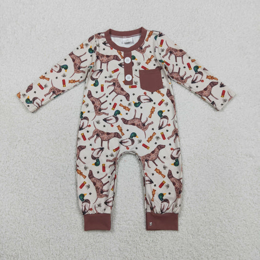 LR2576 Baby Boys Hunting Duck Long Sleeve Romper With Pocket