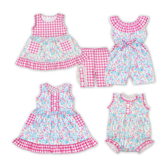 Baby Girls Pink Checkered Floral Summer Sibling Rompers Clothes Sets