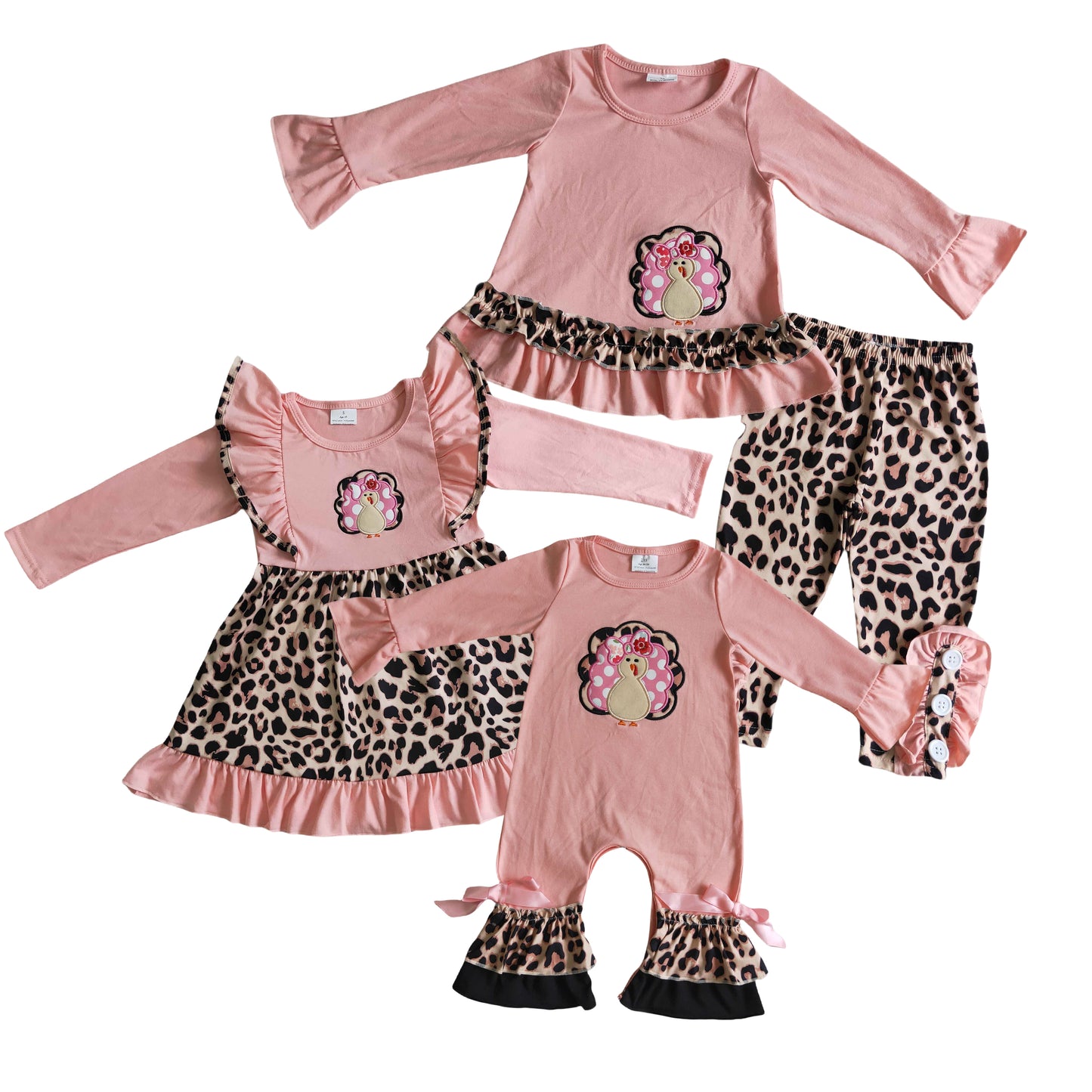 Kids Girls Sibling Thanksgiving Turkey Pink Color Outfit/Dress/Romper
