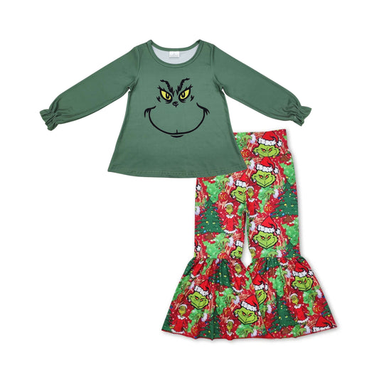 Baby Girls Christmas Green Dace Top Bell Bottom Pants Outfit