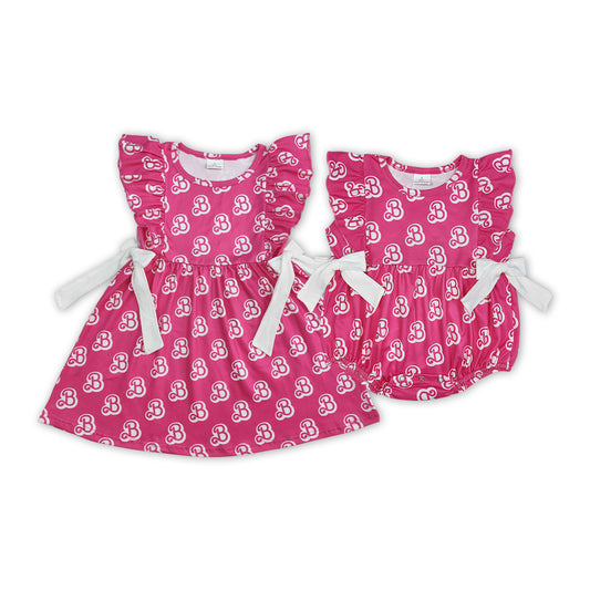 Sibling Baby Girls Hot Pink B Print Sister Dress and Romper