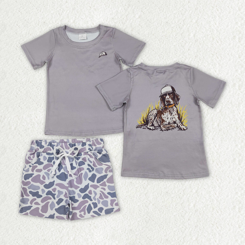 Baby Boys Gray Short Sleeves Dog Print Top Gray Camo Pockets Short Set