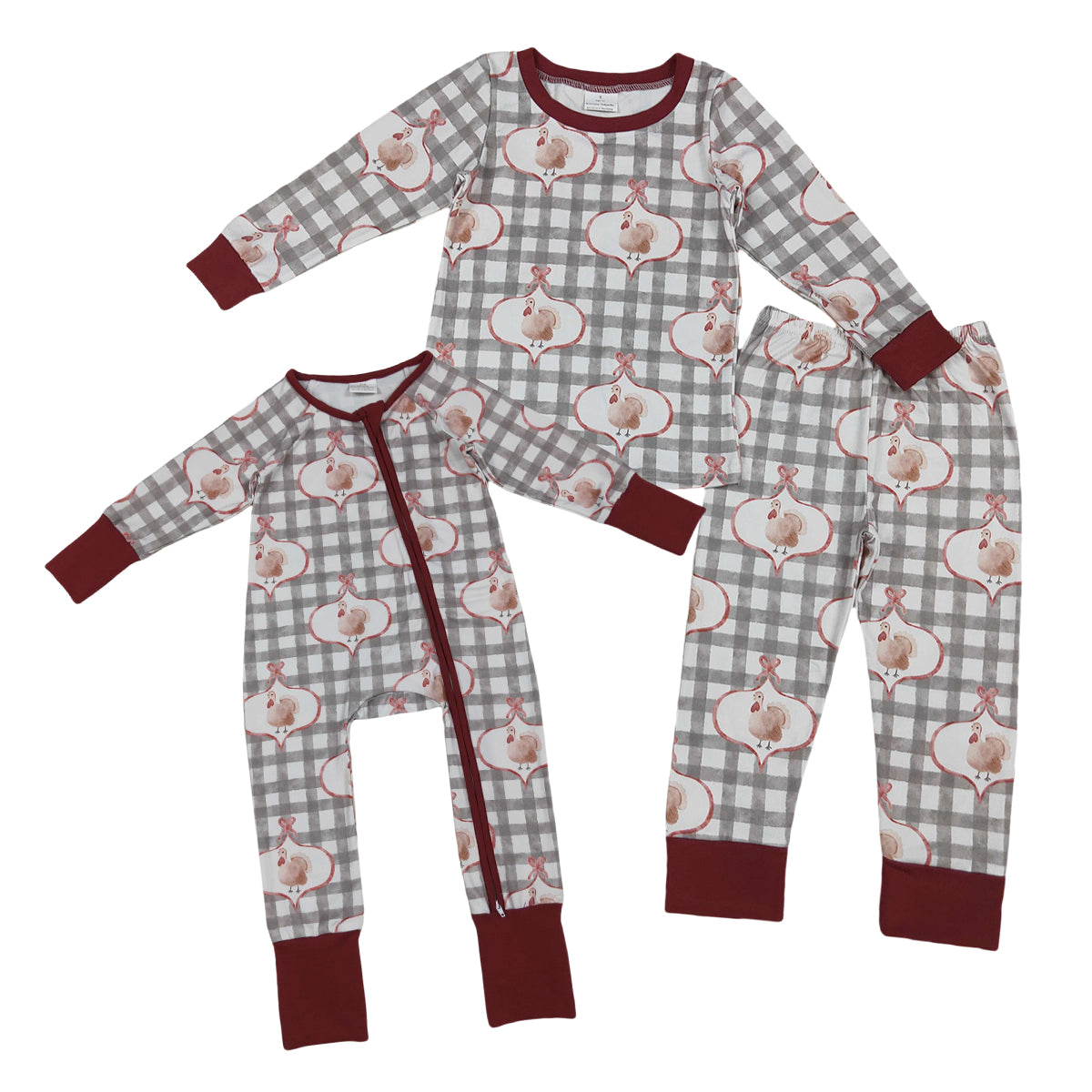 Sibling Baby Girls Turkey Grey Gingham Long Sleeve Pajama Set/Romper