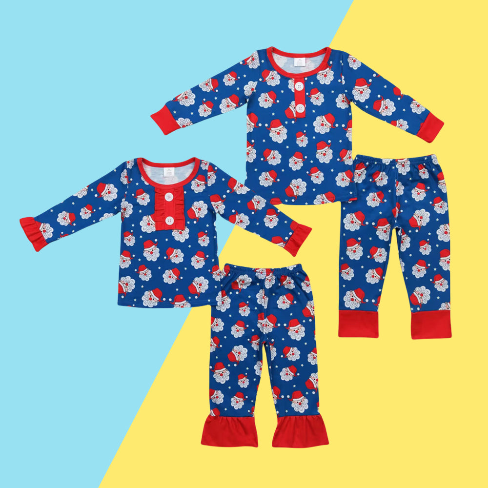 Baby Girls Boys Sibling Christmas Santa Blue Long Sleeve Pajama Set