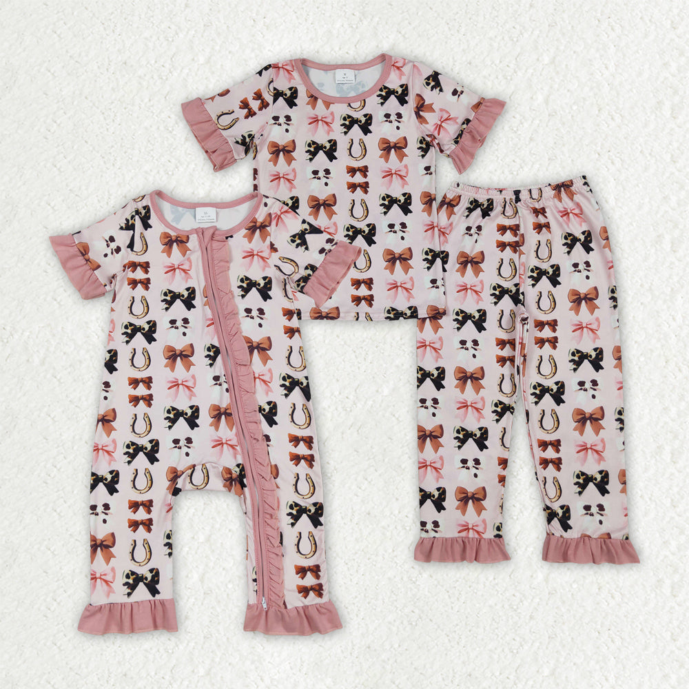 Kids Girls Sibling  western Bow Print  Pajama set and Romper