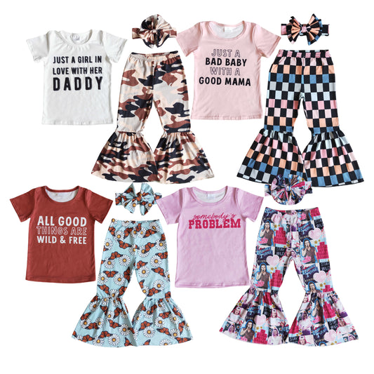 Kdis Girls Short Sleeve Top Bell Bottom Pants Set +Handband On Sale