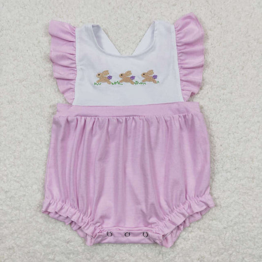 Baby Girls Pink Flutter Sleeves Embroidery Bunny Easter Romper
