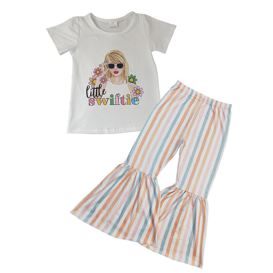 Little Swiftie Singer Fans Flower Top Striped Bell Bottom Pants Outfit