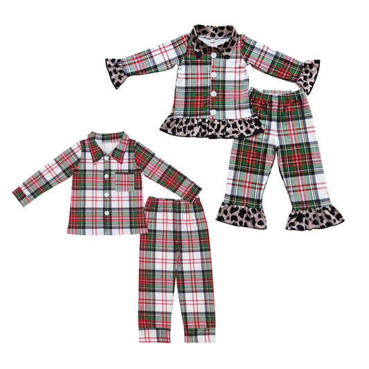 Baby Girls Boys Sibling Green Red Plaid Leoarpd Ruffle Pajama Set