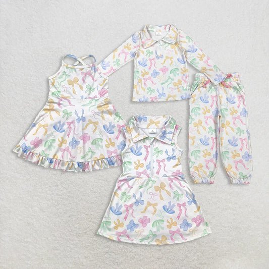 Sibling Baby Girls Colorful Bow Pullover Top Pants Set and Active Dress