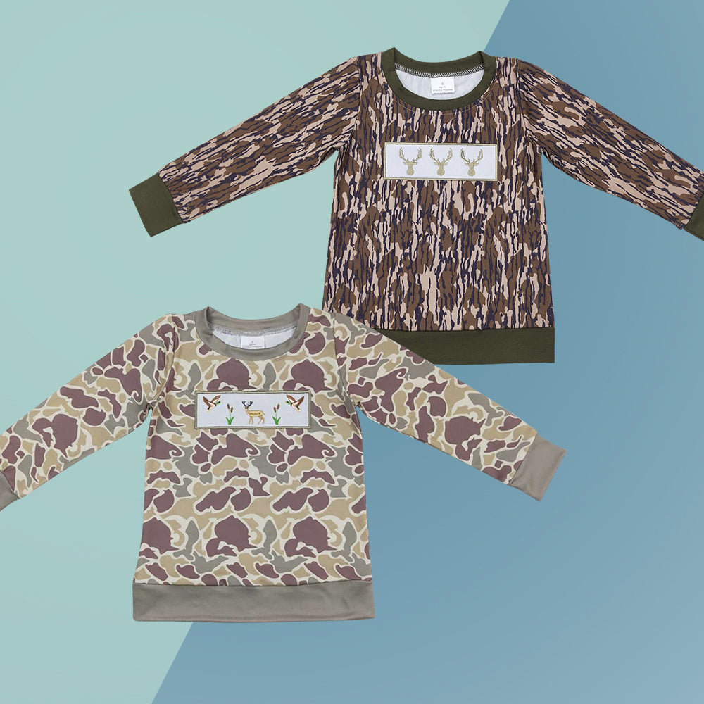 Embroidery Deer Camo  Long Sleeve Top For Sibling Boys