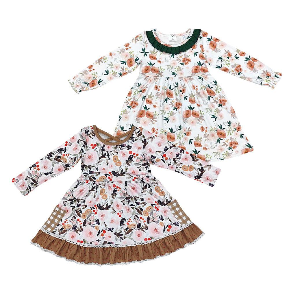 Kids Girls Fall Flowers Leaves Long Sleeve Dress