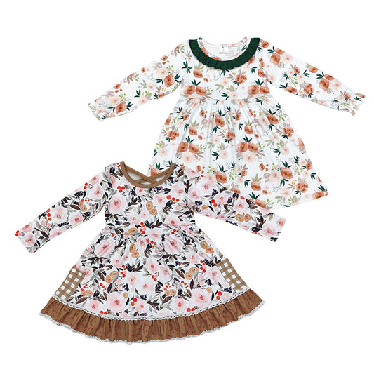 Kids Girls Fall Flowers Leaves Long Sleeve Dress