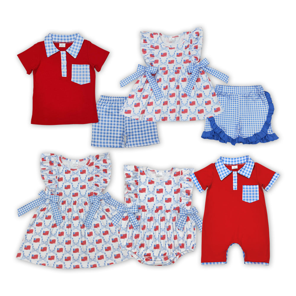 Toddler Girls Boys Sibling Baby July 4th Flag Bow Set and Romper
