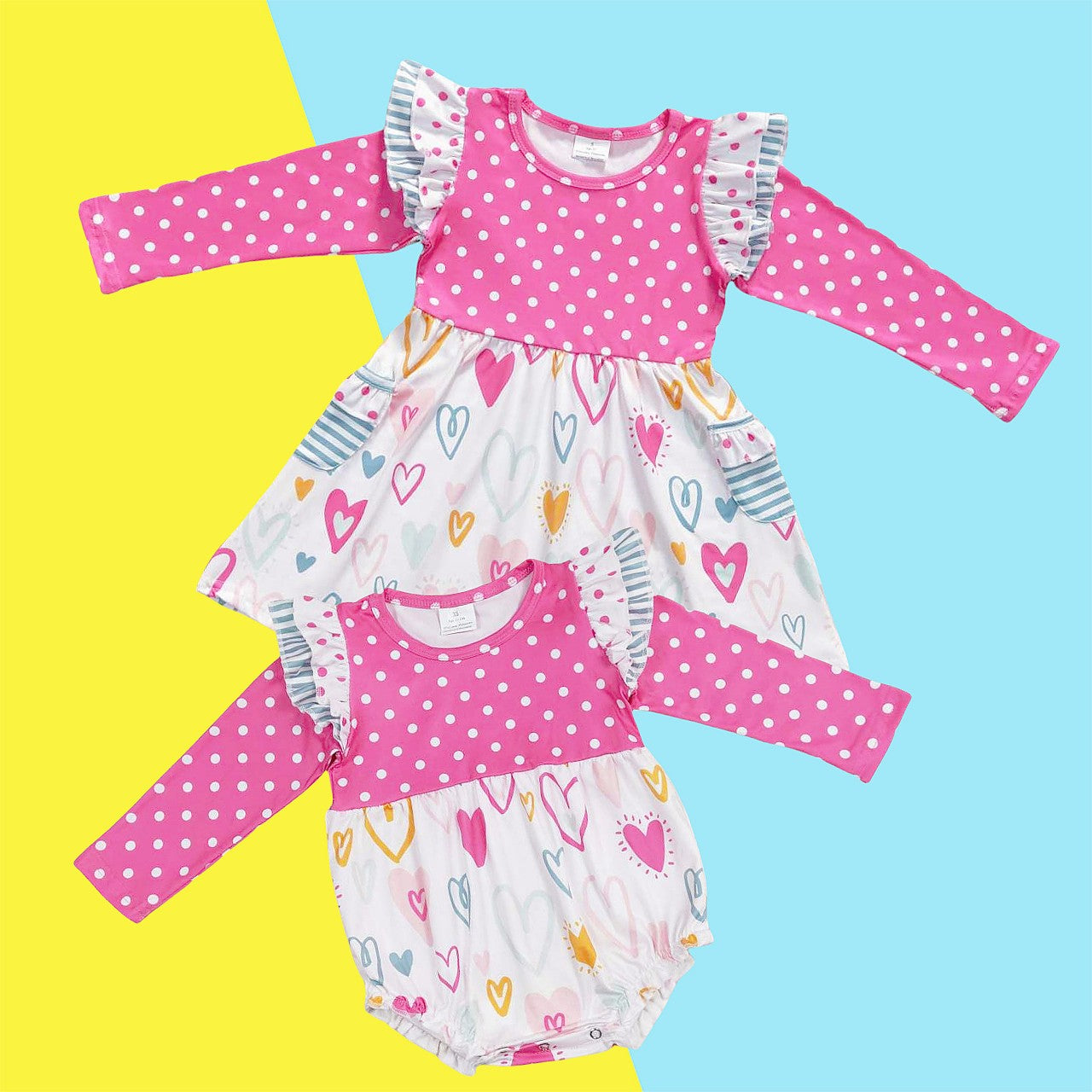 Baby Girls Valentines Pink Dots Long Sleeve Hearts Dress and Romper