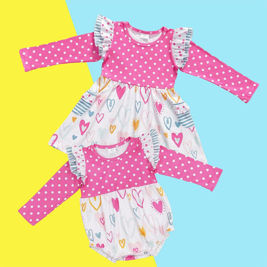 Baby Girls Valentines Pink Dots Long Sleeve Hearts Dress and Romper
