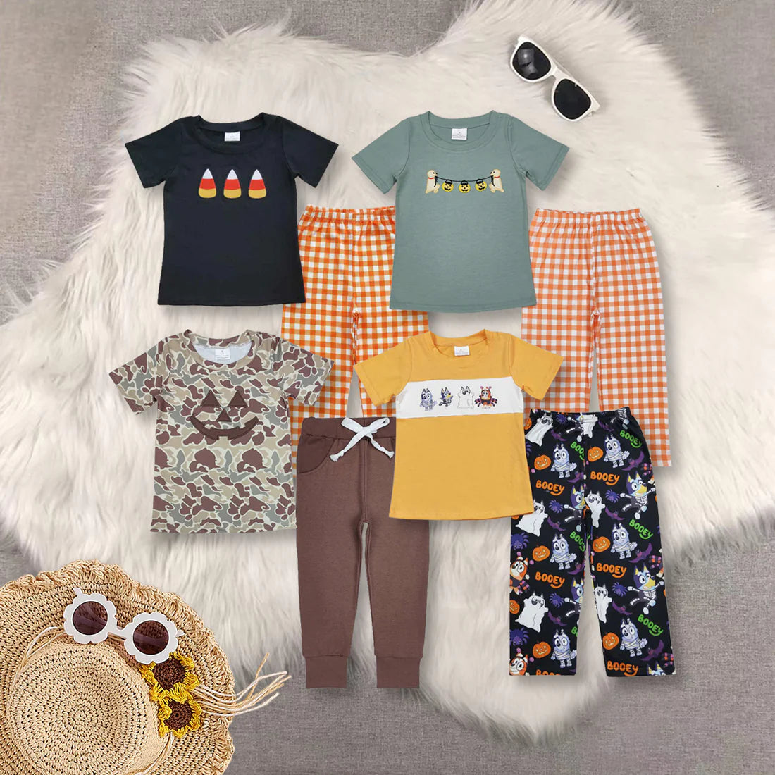 Sibling Baby Boys  Halloween Embroidery Short Sleeve Top With Pants Set