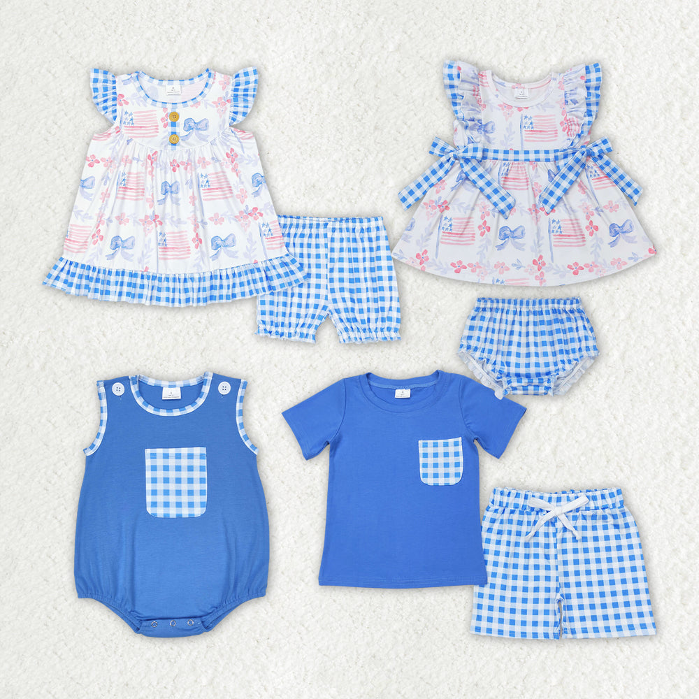 Baby Girls Boys Sibling Summer Blue Gingham Clothing