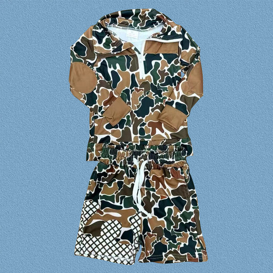 Kids Boys Brown Camouflage Pullover Top With Shorts Set