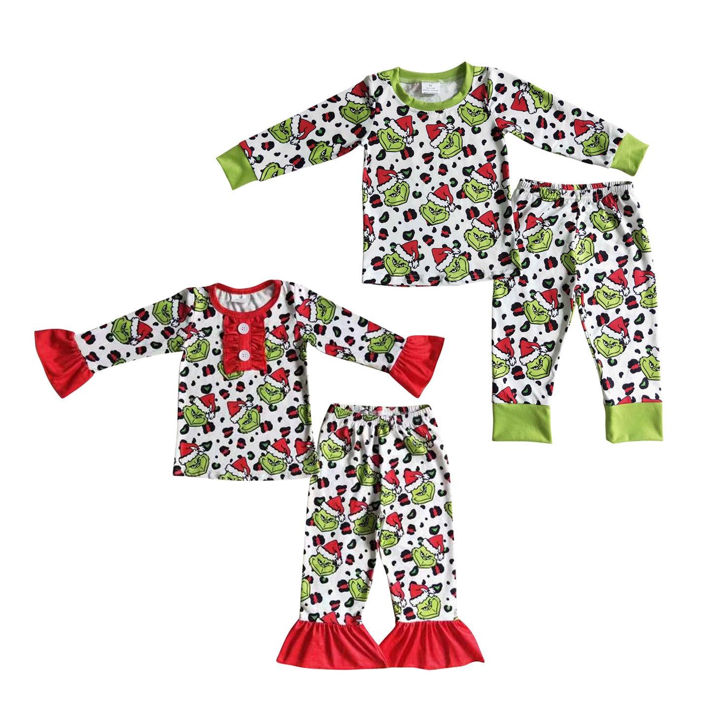 Baby Sibling Girls Boys Christmas Green Face Leopard Pajama Set