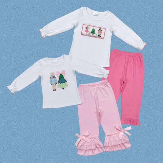 Sibling Baby Girls Christmas Nutcracker Applique Top Set