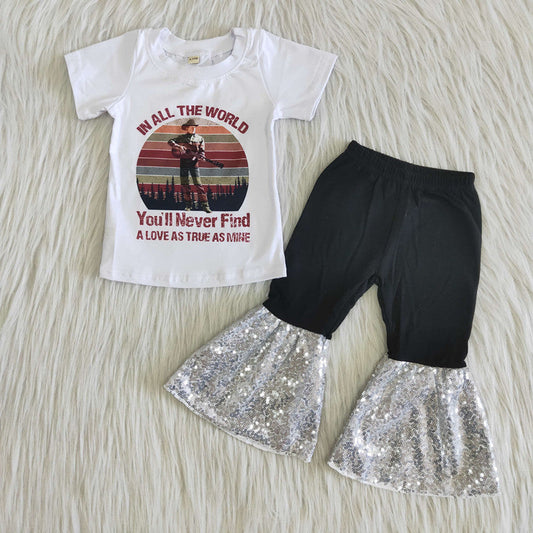 White Top With Sequin Ruffle Pants Set