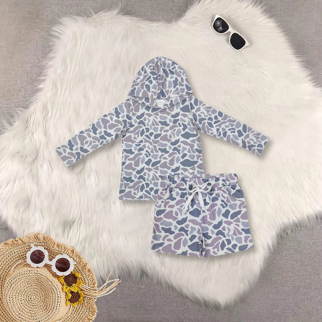 Kids Sibling Boys Camo Long Sleeve Hoodie Top With Shorts Set