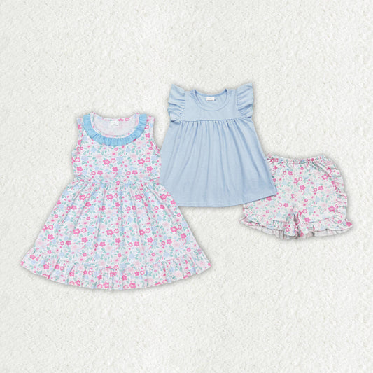 Baby Girls Sibling Rustic Blossom Blue Shorts Set and Dress